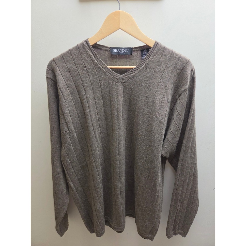 Brandini Italy Mens V-Neck Sweater Brown Merino Extrafine Wool Ribbed Knit Large